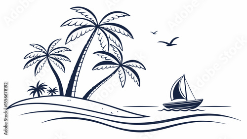 Tropical Island Paradise Illustration with Palm Trees and Sailboat