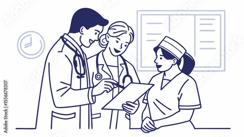 Medical Team Consultation: Doctors and Nurse Discussing Patient Records in Hospital - Line Art Illustration