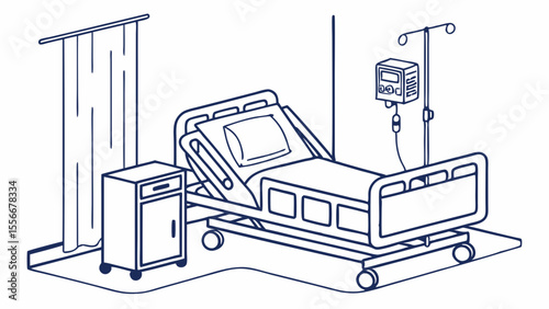 Hospital Room Interior with Bed and IV Drip. Medical Healthcare Facility and Patient Care Line Art Illustration.