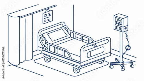 Isometric Line Art Illustration of Hospital Room with Medical Bed, Monitor, and Curtain – Healthcare & Patient Care Concept