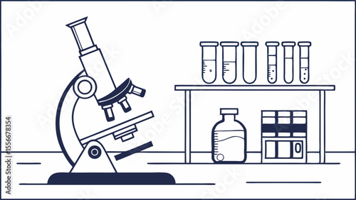 Science Laboratory Equipment Setup Illustration with Microscope and Test Tubes for Research and Study