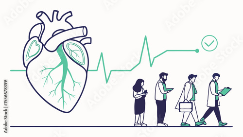 Cardiovascular Health Monitoring Queue: ECG Line, Human Heart, and Patients Awaiting Medical Check-up