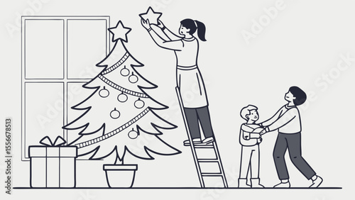 Family Decorating Christmas Tree with Star Topper and Gift Box, Holiday Preparation Activity