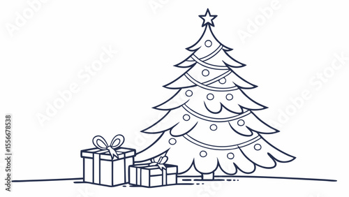 Christmas Tree with Presents Outline. Holiday Gifts and Decorated Evergreen Fir. Simple Line Art Illustration.
