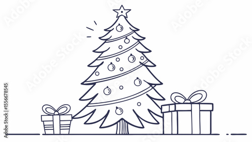 Outline Christmas Tree with Presents - Holiday Season Celebration Line Art Illustration