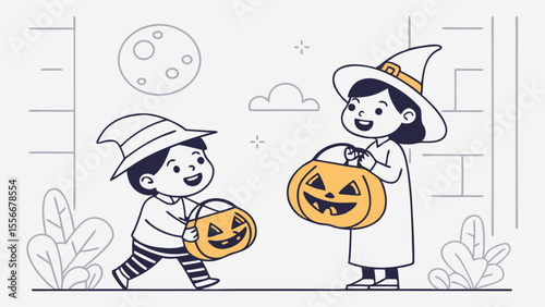 Happy Kids in Witch Costumes Trick-or-Treating with Pumpkin Candy Buckets for Halloween Celebration