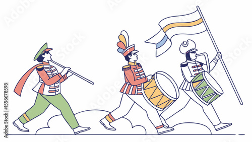 Traditional Marching Band Parade with Musicians and Flag Bearer. Flat Line Art Illustration.