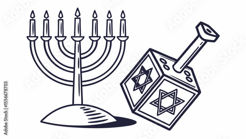 Hanukkah Menorah and Dreidel Outline Icon for Jewish Holiday Celebration