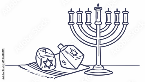 Hanukkah Symbols Line Art. Menorah, Dreidels, and Tallit Outline Illustration