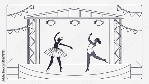 Graceful Dancers on Stage: Ballet and Contemporary Performance Line Art Illustration