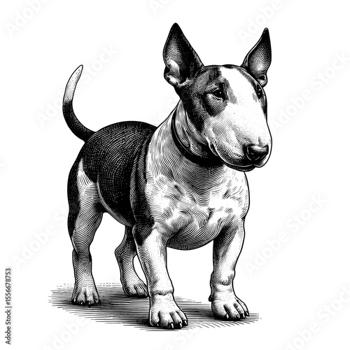 Bull Terrier dog breed full length illustration. This detailed engraving shows black and white bull terrier standing. Pet portrait depicts loyal canine breed with expressive ears and fur.