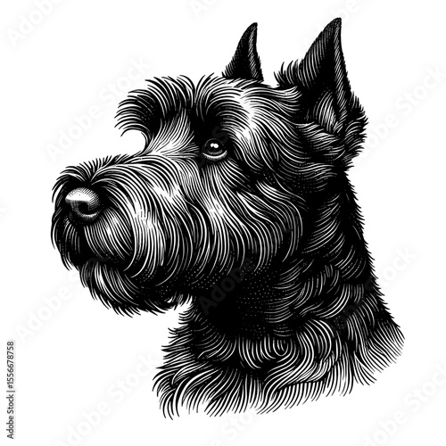 Hand-drawn illustration of  black Scottish Terrier dog in engraving style  - headshot