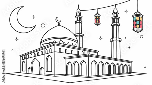 Islamic Mosque Outline Illustration with Crescent Moon & Lanterns. Religious Architecture Line Art for Coloring Book or Holiday Design.