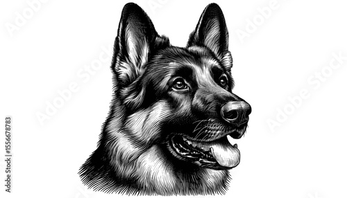 Hand-drawn engraving of a German Shepherd dog in black style  - headshot