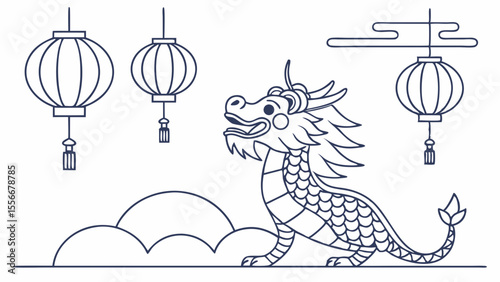 Stylized Chinese Dragon and Traditional Lanterns Outline Drawing