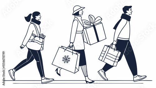 Diverse people walking with holiday shopping bags and gifts. Minimalist line art illustration of winter shoppers carrying purchases.