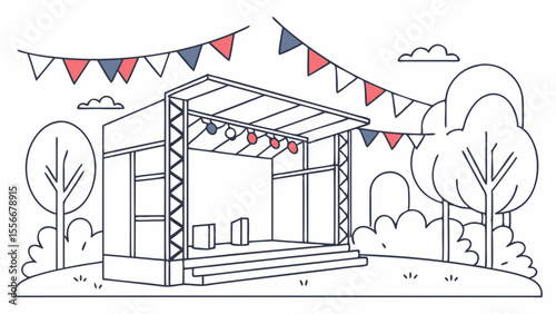 Outdoor Event Stage Line Art Illustration with Bunting and Trees in a Park Setting