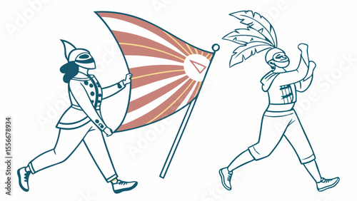 Illustrated Carnival Parade with Masked Figures and Flag