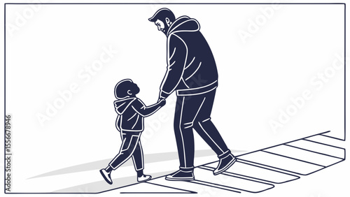 Father and child walking hand in hand, a minimalist family illustration depicting care and togetherness