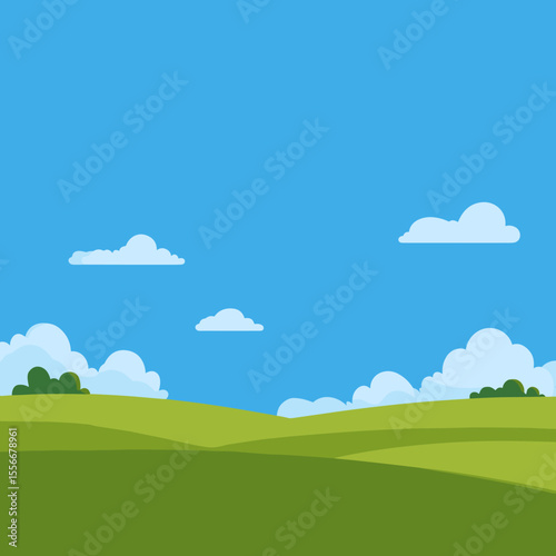Minimalist vector cartoon of a green field under blue sky with flat design, basic shapes, and clean lines in cute simple style