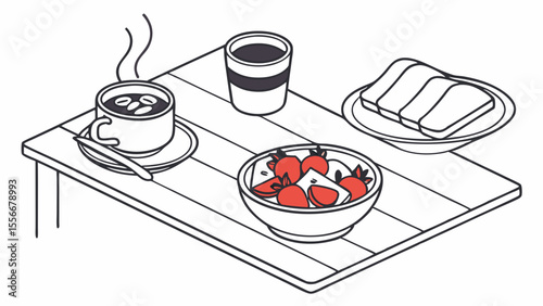Minimalist Isometric Breakfast Illustration with Coffee, Toast, Fruit, and Drink