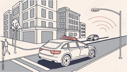 Autonomous Car on Smart City Street. Future Urban Transportation with Connected Infrastructure and Pedestrian Safety.