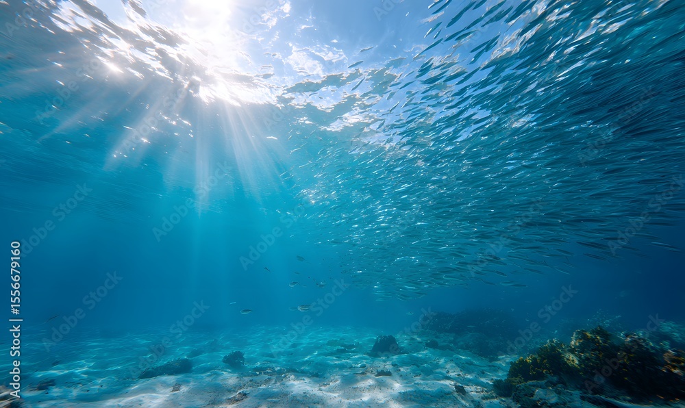 Naklejka premium massive shimmering school of sardines swirling in clear tropical blue water, Generative AI