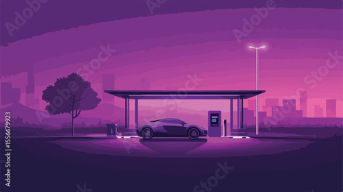 Electric Eco-Friendly Service Station with Purple Car