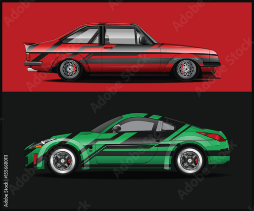 Two Customized Cars with Bold Graphic Designs Against Contrasting Backgrounds