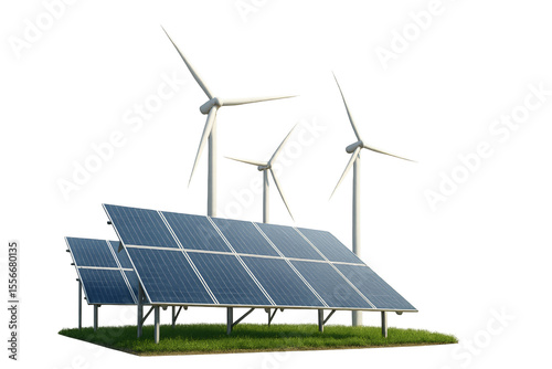 Solar panels and wind turbines on green grass against Isolyate on transparent background 
