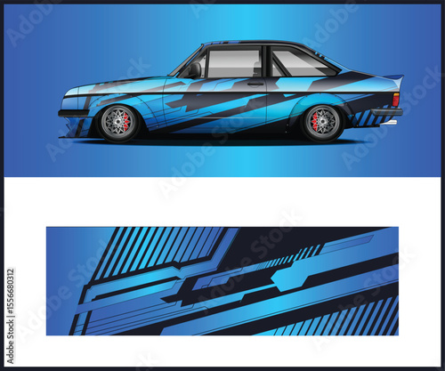 Blue and Black Geometric Car Wrap Design for Racing and Customization