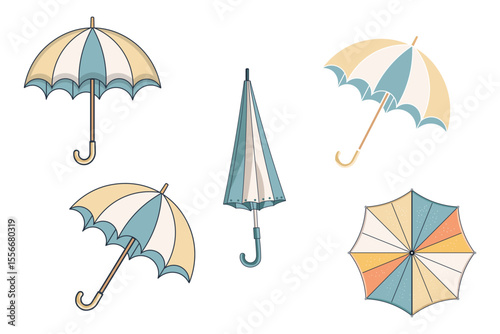Vector illustration of a colorful set of umbrellas in various styles and colors, flat cartoon design, rainy weather protection icons, seamless pattern for kids, web, print, and seasonal themes
