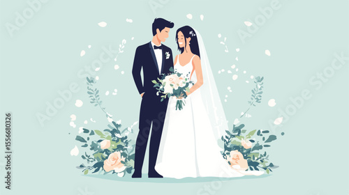 Elegant Wedding Couple Flat Vector Illustration