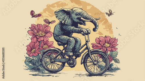 Creative Elephant Riding Bicycle T-Shirt Design Hand Drawn Illustration