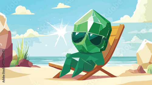 Emerald Gemstone Mascot Enjoying Vacation Flat Vector Illustration