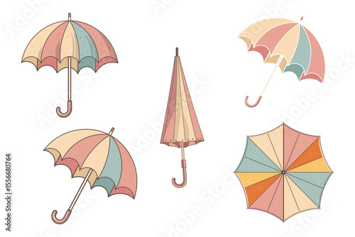 Collection of cartoon vector umbrellas with bright pastel colors, cute rainy season elements, flat minimal design, open and closed umbrella icons, decorative pattern for fabric and digital use
