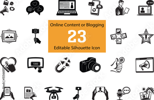Variety style Blogging silhouette Editable Icon collection, Modern and stylish variety icon of camera, laptop, megaphone, social media followers, content creation and other, editable icon of Blogging