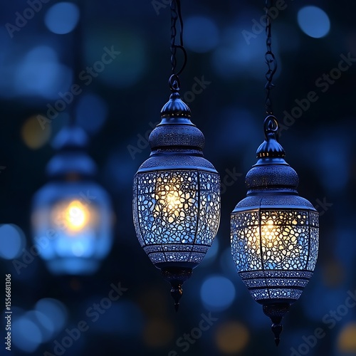 Elegant, hanging lanterns, illuminating a night scene.  Intricate designs on glass, warm light, and a mystical atmosphere
