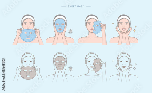 Woman's cosmetic skin care routine_Female character using face sheet mask