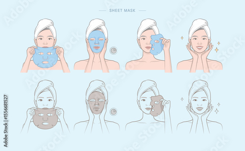 Woman's cosmetic skin care routine_Female character using face sheet mask