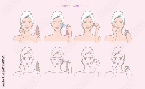 Woman's cosmetic skin care routine_Female character applying a toner, mist spray, ampoule, lotion, cream