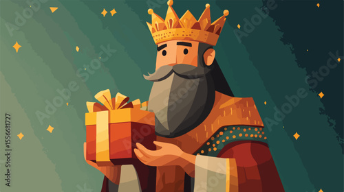 Wise King Melchior with Gift - Flat Vector Illustration