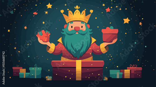 Wisdom of Epiphany: King Holding Gift Flat Vector Illustration