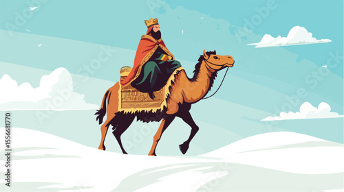 Wise King Riding Camel Flat Vector Illustration