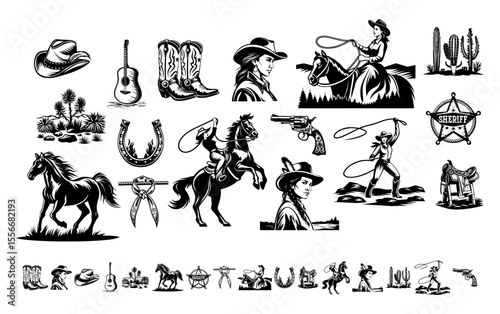 Black and white vector art of various cowboy and cowgirl elements including hats, boots, horses, lassos, and western landscapes.