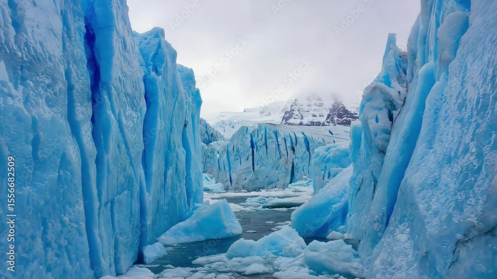 Exploring stunning icy formations and serene waters in a glacial landscape during a cloudy day