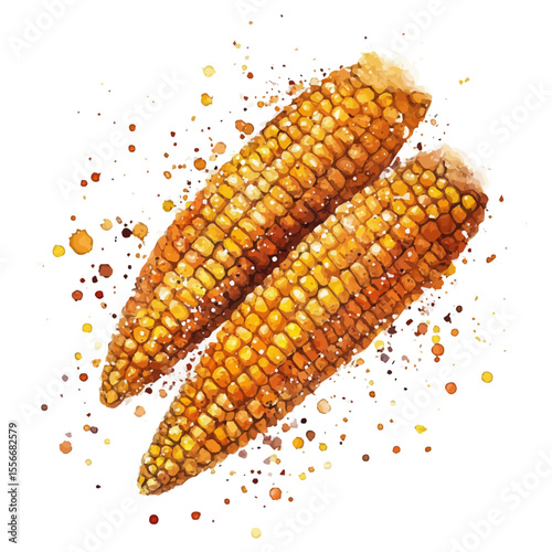 Roasted Corn Cob Spices, watercolor painting vector, isolated on a white background.