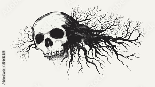 Fantastic Skull Tree Roots and Branches Hand Drawing