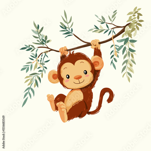 Playful cartoon monkey hanging from a tree branch, vector illustration with transparent background for versatile use