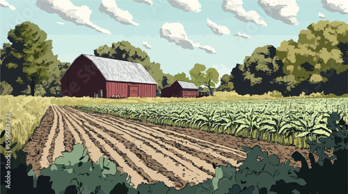 Rustic Barn and Agricultural Field Vector Illustration